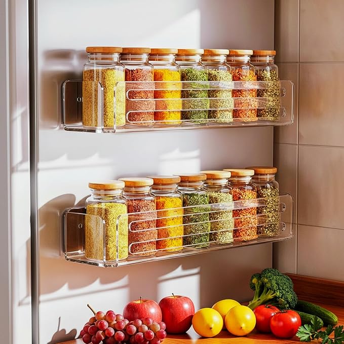Novabright 2 Pack Magnetic Acrylic Spice Rack for Refrigerator, 11.8" Clear Fridge Shelf Organizer with Strong Magnetic Back, No-Drill Storage Holder for Spices, Kitchen, Pantry, Laundry Room
