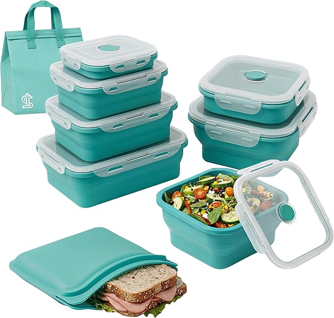 8PCS Collapsible Food Storage Containers With Lids - Camping Silicone Bowl, RV Kitchen Essentials Container, Non Plastic Meal Prep, Non Toxic Freezer Bowls, Travel Zip Top Reusable