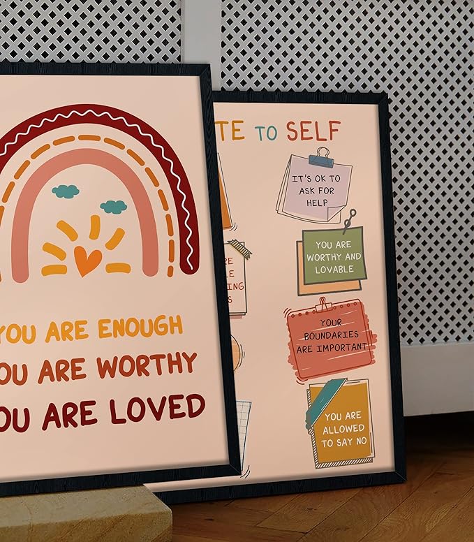 LOLUIS Mental Health Poster, Boho Therapy Tools Educational Supplies Art Print Classroom School Office Decor (Enough Worthy Loved, Custom Frame Type)