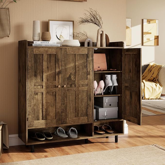 Shoe Cabinet with 3 Doors and Adjustable Shelves, Large Shoe Storage Cabinet for 24–30 Pairs, Modern Farmhouse Shoe Organizer with Open Bottom Shelf for Entryway, Living Room, Rustic Brown