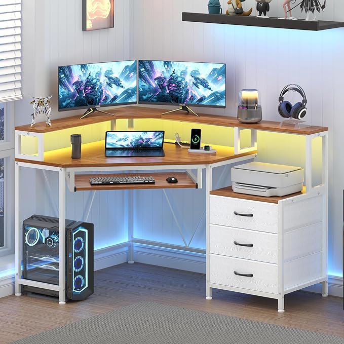 47" Corner Desk with Drawers, Power Outlets ＆ Printer Shelf for Small Space | Small Computer Desk with Monitor Stand, Triangle Gaming Desk with LED Lights and Keyboard Tray, Brown and White