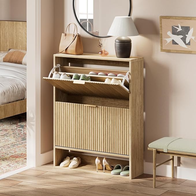 Evermagin Shoe Cabinet Storage for Entryway, Fluted Slim Shoe Dresser, Narrow Shoe Rack Cabinet, Hidden Shoe Organizer Cabinet for Entrance, Hallway (Oak, 2 Flip Drawers with Drawer)