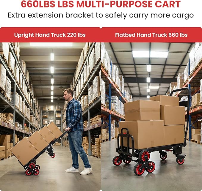 Upgraded 3 in 1 Convertible Folding Hand Truck with Brakes, Hand Truck Dolly Heavy Duty 660lbs Capacity, Stair Climbing Cart with Adjustable Shovel Board and Fixed Handle for Moving