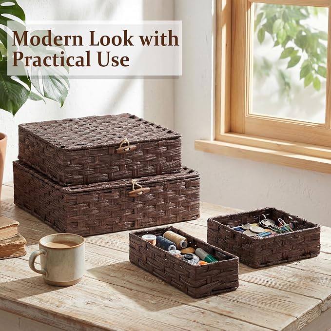 Newtay Set of 4 Woven Wicker Storage Baskets with Lids, Decorative Storage Boxes Lidded Rattan Organizer Bin Home Decor for Shelf, Coffee Table, Closet, Bathroom, Living Room(Plastic,Brown)