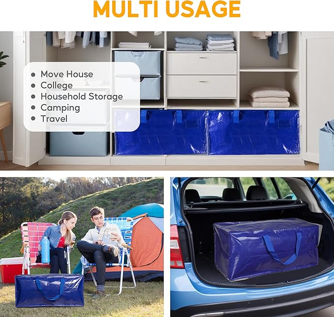 HealSmart 8 Pack Extra Large Moving Bags with Zippers & Carrying Handles, Heavy-Duty Storage Tote Moving Boxes for Dorm Room Essentials Storage Bags, Blue