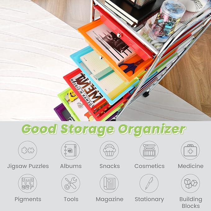 MEDIMALL 10 Drawers Rolling Storage Cart, Multipurpose Craft Storage Cart with Wheels, Mobile Tools Scrapbook Paper Organizer Cart for Office School Home Use (Multi-color)