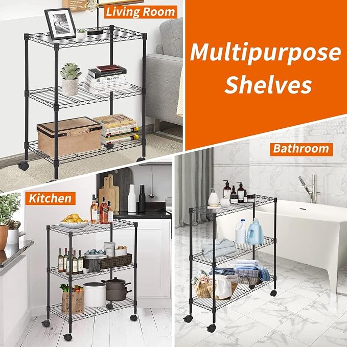 3-Tier Metal Wire Shelving Unit with Wheels, Heavy Duty Adjustable Storage Rack (450 lbs Capacity), Small Utility Organizer for Kitchen Pantry, Garage, Laundry Room, 23"W x 13"D x 31.3"H