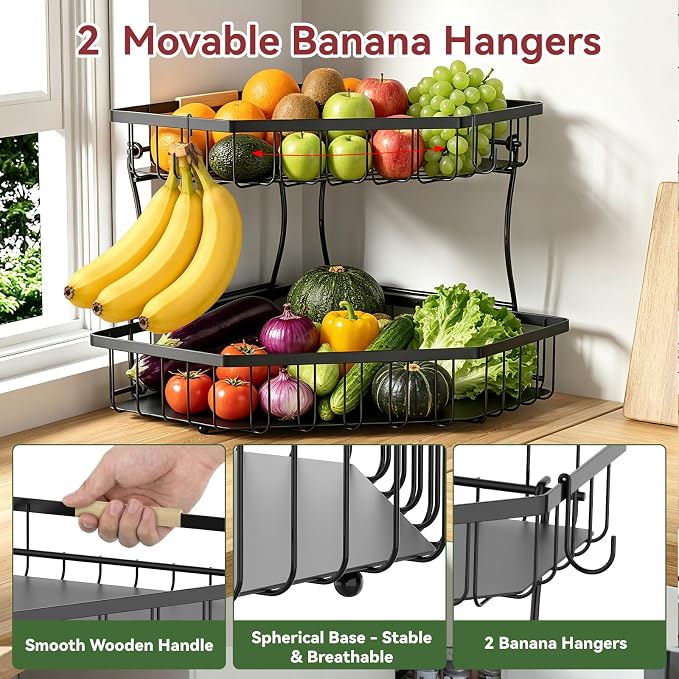 2 Tier Extra Large Fruit Basket for Kitchen Counter - Detachable Metal Fruit Bowl with 2 Banana Hangers for Corner, Large Capacity Fruit Stand with Wooden Handle - Black