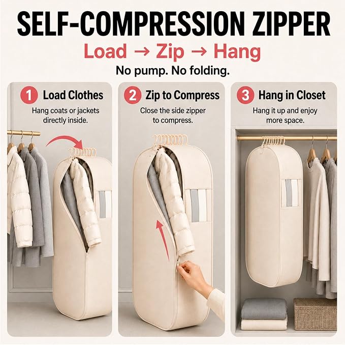 Space Saving Hanging Garment Bag, Compression Zipper for Coats & Jackets | Hanging storage keeps clothes visible and easy to find; holds 12-15 coats or 20-25 light garments; no pump needed.