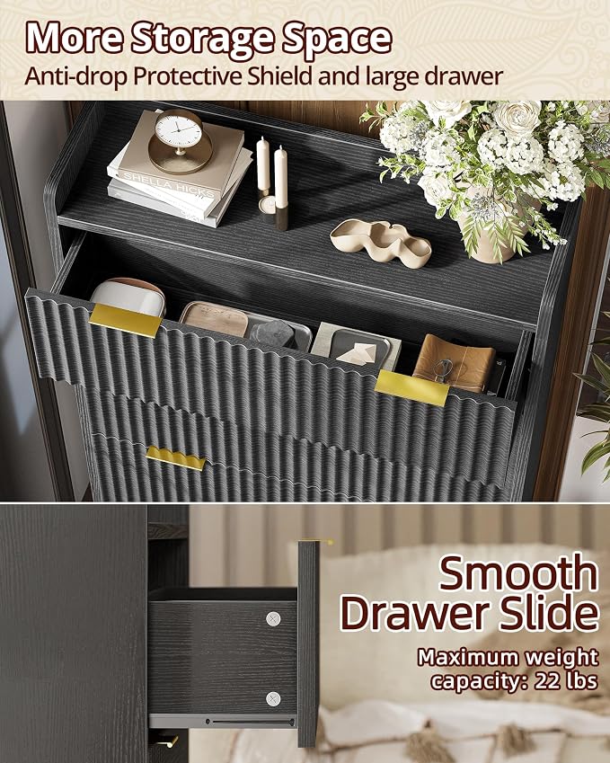 TIQLAB Modern Fluted Shoe Cabinet with Drawer and Flip Storage, Narrow Wooden Shoe Organizer for Entryway, Living Room, Bedroom, 31 inch, Black