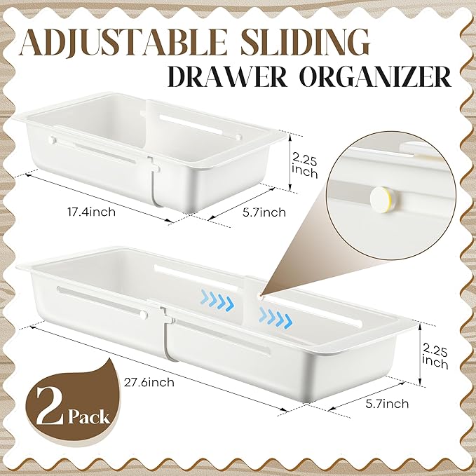 2 Pack Deep Drawer Organizer Adjustable Storage Bin(17.4-27.6") | Adjustable Width Design, Maximize Drawer Storage, Kitchen & Home Organization Solution