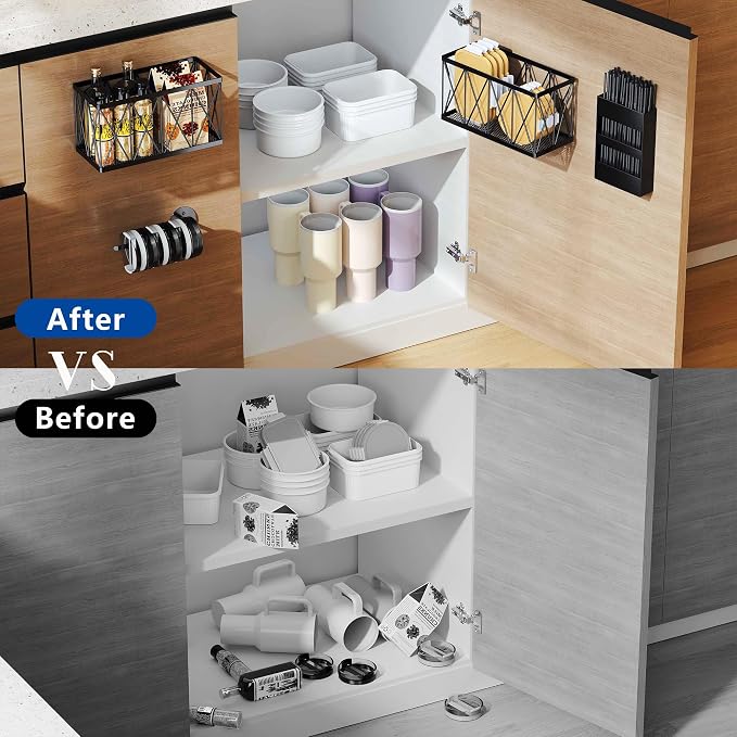 4 Pack No Drill Cabinet Door Lid Organizer for Plastic & Tumbler Lids, Inside Cabinet Wall Mounted Storage, Compatible with Tupperware & Yeti, with Magnetic Straw Holder