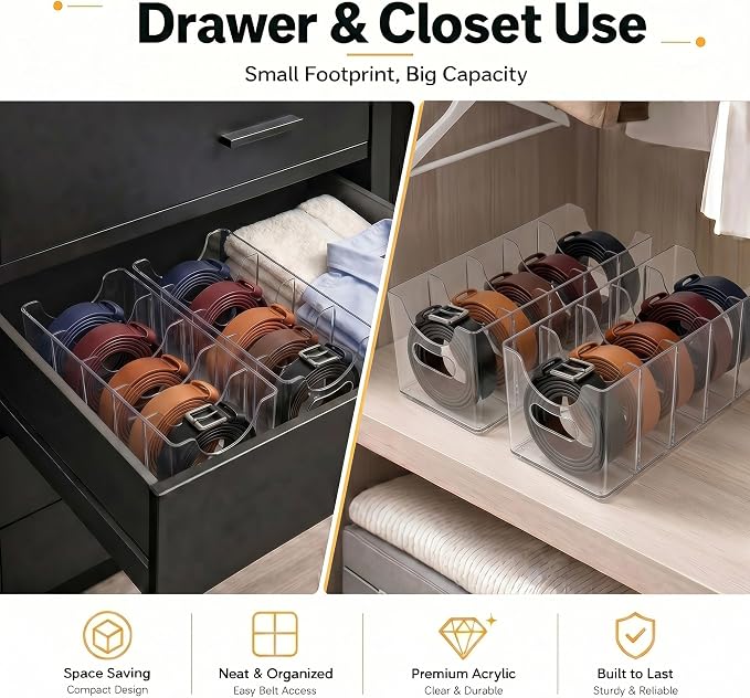 Clear Acrylic Belt Organizer 2 Pack, Stackable Belt Holder with 5 Removable Dividers & Built-in Handles, Multi-Purpose Drawer Closet Storage Display Bin for Belts, Ties, Socks, Underwear