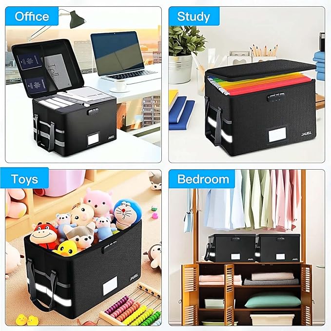 File Box with Lock, Fireproof Document File Organizer Box with Zipper & Adjustable Handle, Collapsible File Storage Box Home Office Safe Filing Cabinet for Hanging Letter/Legal Folder