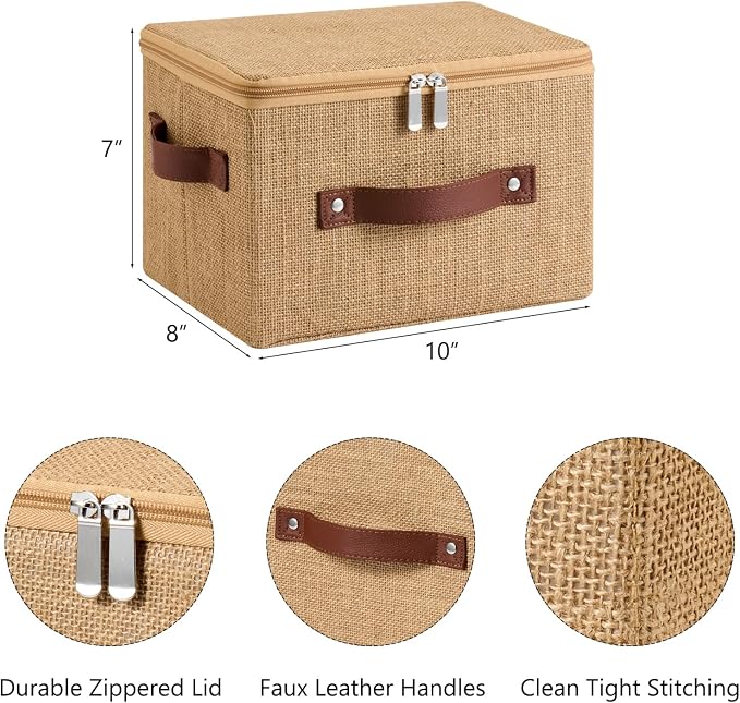 2PCS Storage Bins Box with Zippered Lid Decorative Fabric Basket | Natural Jute, Foldable Washable Stackable Lidded Container, Shelf Closet Organizer, w/ PU Leather Handles & PP Boards, Small