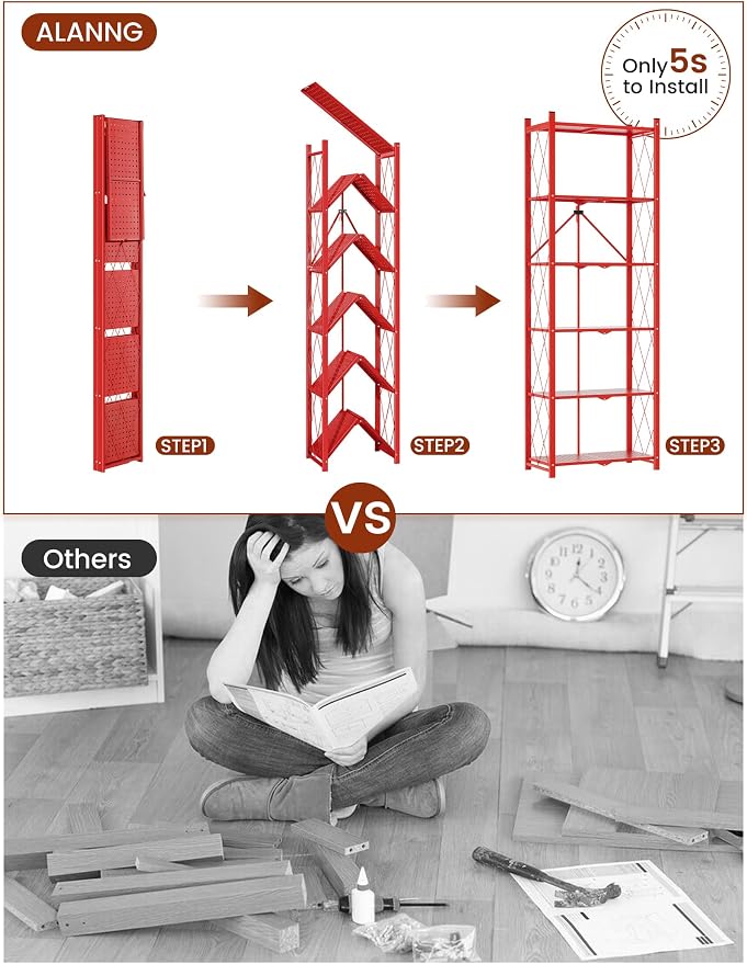 ALANNG 73.6 Inch Folding Bookshelf, 6 Tier Metal Bookcase and Bookshelves | Tall Shelves for Living Room Office Bedroom, Heavy Duty Book Shelve Free Standing Open (Red, 2PACK)
