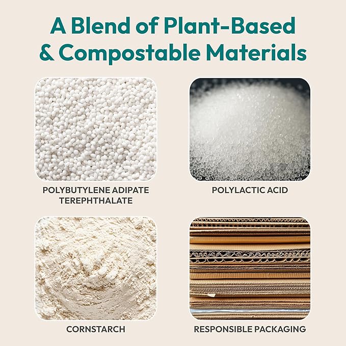 FEBU Compostable Food Storage Bags Variety Pack, 260 Count | Compostable & Biodegradable | PFAS & BPA Free | Drawer Organizer Box | 90 Snack, 90 Sandwich, 50 Quart, 30 Gallon