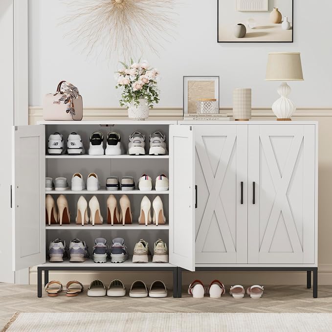Homleke Farmhouse Shoe Cabinet with 2 Barn Doors & Metal Legs | Tall 4-Tier Shoe Storage Cabinet, 3 Adjustable Shelves, Shoe Rack Organizer, for Entryway, Hallway, Closet, White