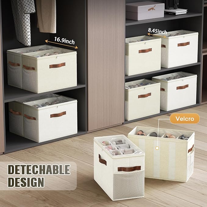 2 Pack Shoe Organizer for Closet, Foldable Shoe Storage with Adjustable | Farbic shoe storage organizer box bin with clear cover, fits up to 16 pairs, shoe storage box for closet, entryway, yellow