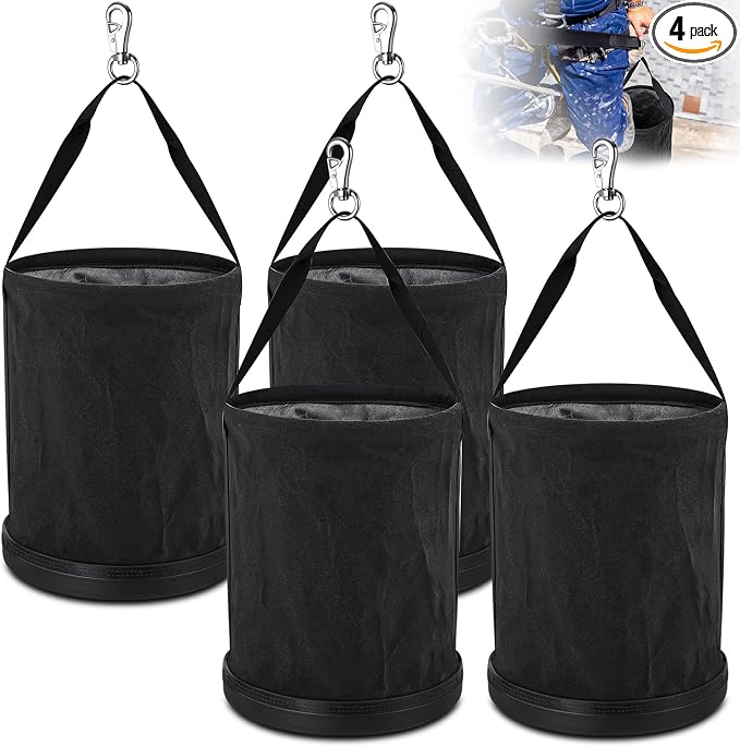 4 Pack Canvas Bucket 15" x 12" Heavy Duty Lineman Tool Bag with Plastic Bottom & Metal Hook Electrician Tool Organizer for Jobsite Use, Load Rated up to 150 Pounds (Black)