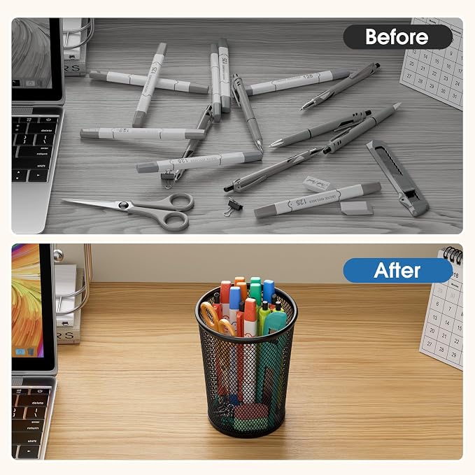 MaxGear Pen Holder for Desk 2 Pack, Mesh Metal, 5.4’’, Makeup Brush Holders | Desk Organizers, Scratch-Proof Metal Base, 4.35" x 4.35" x 5.4", For Home School Office, Multi-Purpose