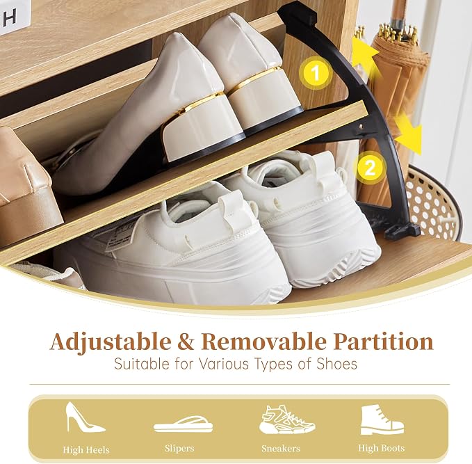 BERRYMERRY 47.2” Shoe Storage Cabinet for Entryway with 4 Flip Drawers, Narrow Shoe Organizer with Wave&Fluted Panel, Freestanding Wood Hidden Shoe Cabinet for Hallway