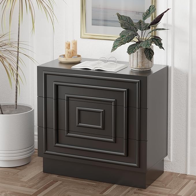Aoikax Modern 3-Drawer Dresser, Sculptural Mid-Century Drawer of Chest with Geometric Square Pattern, Contemporary Accent Dresser for Bedroom, Living Room, Black