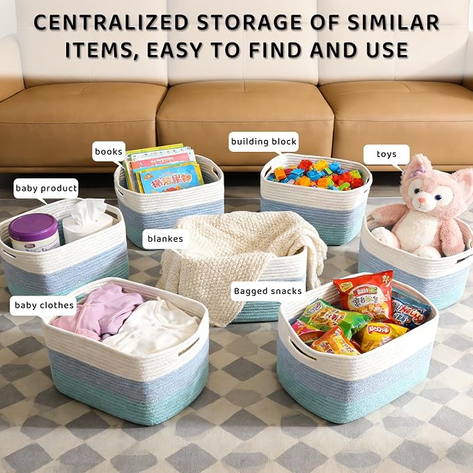 4 Pack Storage Baskets for Organizing, 11''Lx9''Wx8''H Woven Baskets for Storage Toys, Towels, Books, and Clothes, Cotton Rope Basket for Shelves with Handle White & Brown