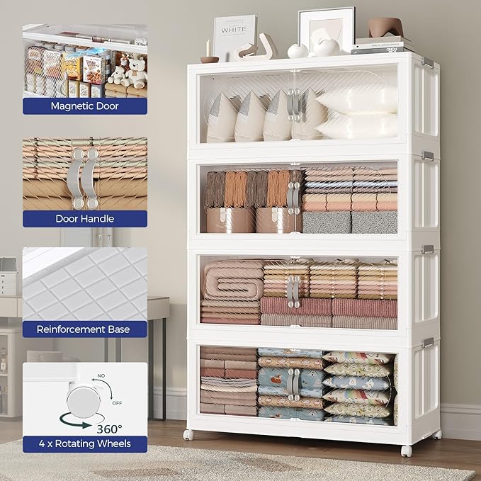 160Gal/640QT 4-Tiers Extra Large Stackable Storage Bins with Lid, Collapsible Cabinet Closet Organizer Plastic Container Box with Wheels Doors Drawers for Living Room Kitchen Office, White