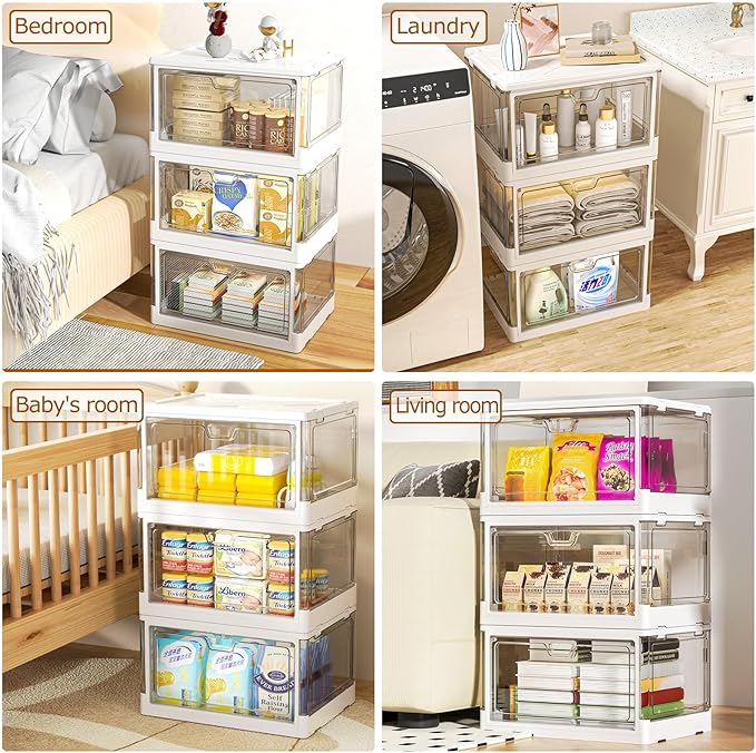 Clear Storage Bins with Lids 3 Packs - 24Qt Stackable Storage Bins, Acrylic Organizers, Plastic Multifunctional Folding Storage Bins, Plastic Stackable Storage Box for Bedroom, Living Room