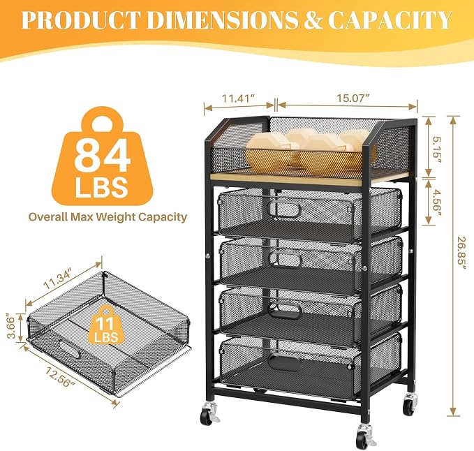 SUNALLY Rolling Makeup Cart Organizer with Drawers, 5-Tier Beauty Vanity Storage Cart for Skincare, Cosmetics, Nail Supplies and Bathroom Essentials, Black