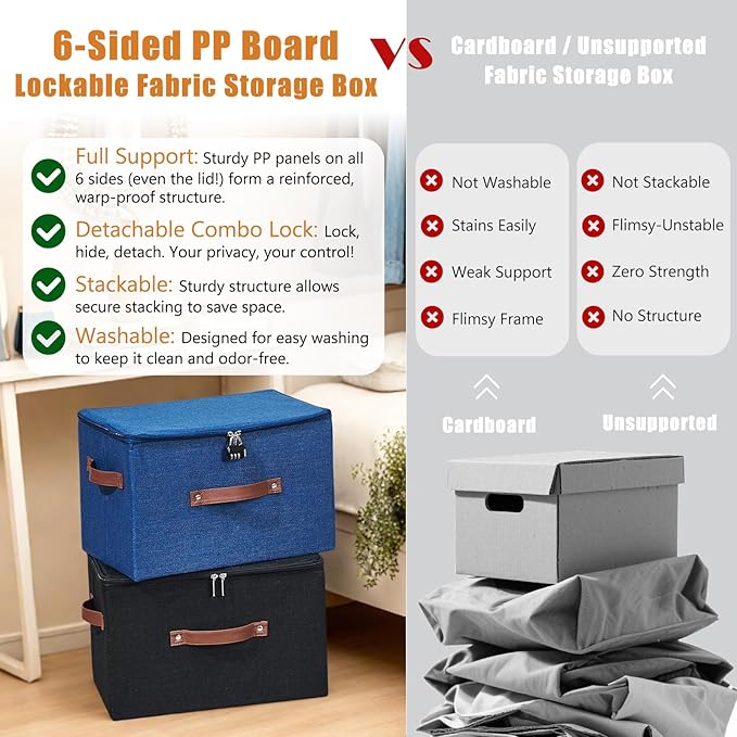Storage Bins Boxes with Zipper Lid Combination Lock PU Leather Handles Cotton Linen Fabric Lockable Baskets DVD CD Case Foldable Closet Shelf Organizer Container (Deep Blue, 13"x 6"x 6")