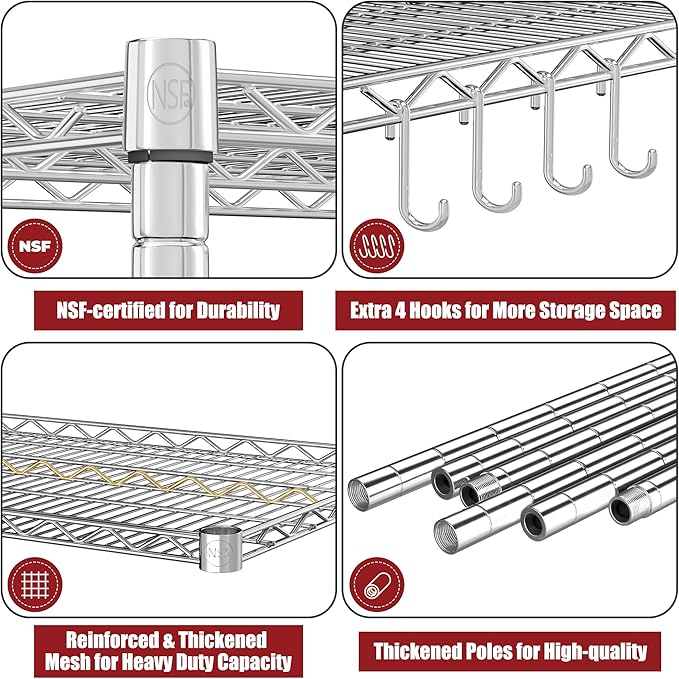 PrimeZone 5 Tier 48" Wx24''Dx81''H Wire Shelving with Wheels 3000lbs NSF Certified Storage Shelves Heavy Duty Metal Shelf Adjustable Rolling Rack Commercial Garage Restaurant Warehouse Kitchen Chrome