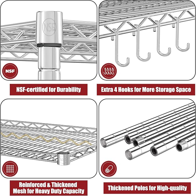 PrimeZone 5 Tier 48" Wx24''Dx81''H Wire Shelving with Wheels 3000lbs NSF Certified Storage Shelves Heavy Duty Metal Shelf Adjustable Rolling Rack Commercial Garage Restaurant Warehouse Chrome 2Pack
