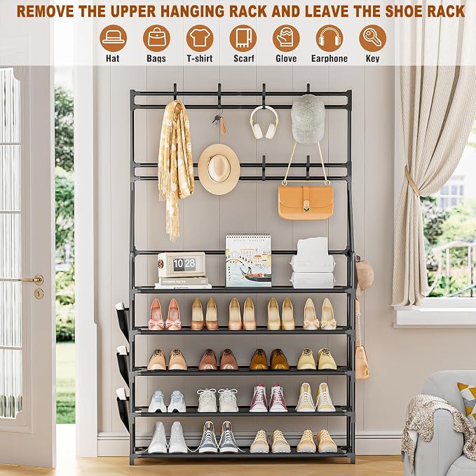 OYREL Shoe Rack, 5 Tier Shoes Storage Organizer with Hooks and Side Pocket | 20-25 Pairs, for Closet/Entrance/Entryway, Stackable & Detachable Closet Organizers and Storage Free Standing Shoe Rack