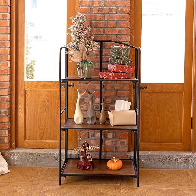 Crofy 3-Tier Foldable Bookshelf, Black Frame & Walnut Shelves | No-Assembly Collapsible Portable Storage Organizer; Sturdy Walnut Finish Shelves; Ideal for Living Room & Home Office