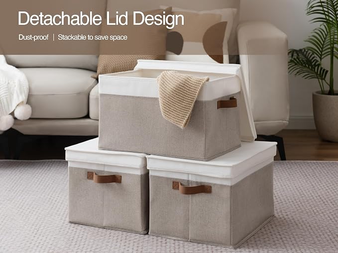 StorageWorks Fabric Storage Bins with Lids, Decorative Storage Bins with PU Handles, Foldable Storage Baskets for Closet, Shelves, Stackable and Sturdy Organization, Brown and White, Jumbo, 3-Pack
