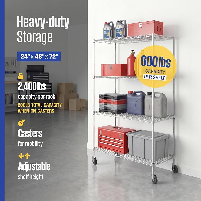 SafeRacks NSF Heavy Duty 4-Tier Steel Wire Rack w/Wheels (24"x48"x72")