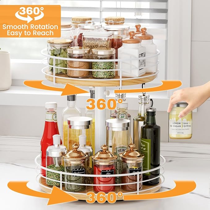 Two Tier Lazy Susan Organizer Turntable, 12 Inch, White | Height Adjustable, Rotating Spice Rack, Wood Construction, For Cabinet Dining Table Kitchen Bathroom Countertop