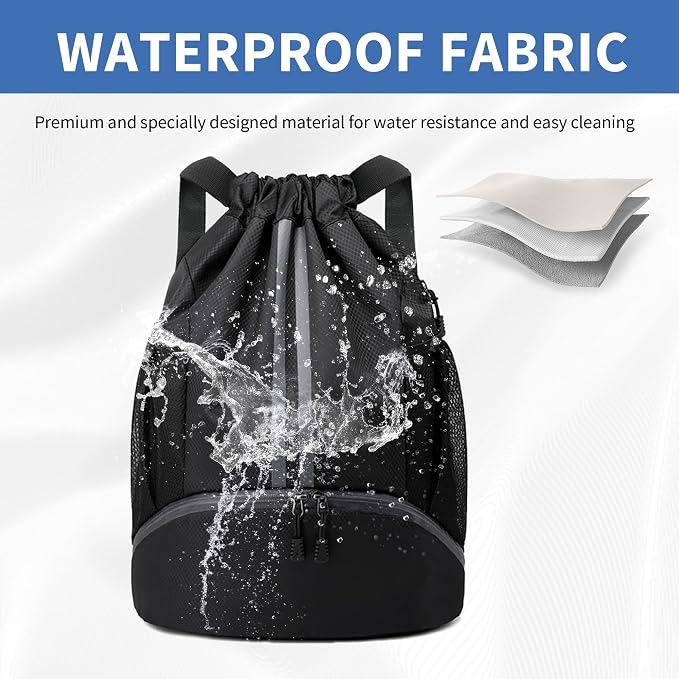 JELUTAR Drawstring Backpack Gym Bag with Shoes Compartment, Black | Water-Resistant String Backpack for Soccer, Basketball, Swim, Beach Cinch for Women Men, 18 L Large Capacity, Wet Pocket