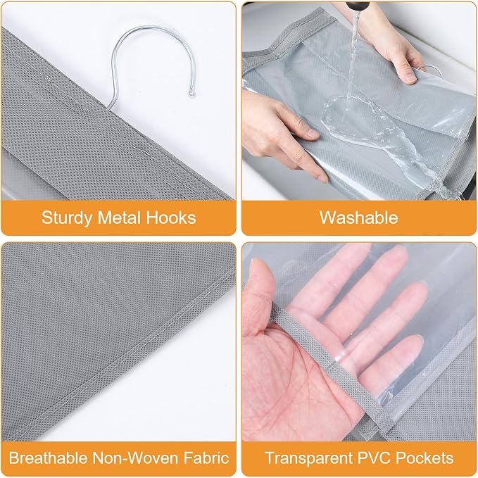 4 Pack 8 Pockets Handbag Hanging Purse Organizer for Closet, Purse Storage, Womens Purses Hanger and Handbag Organizer for Space Hanging Shelf for Closet, Wardrobe, Over Door (Grey)