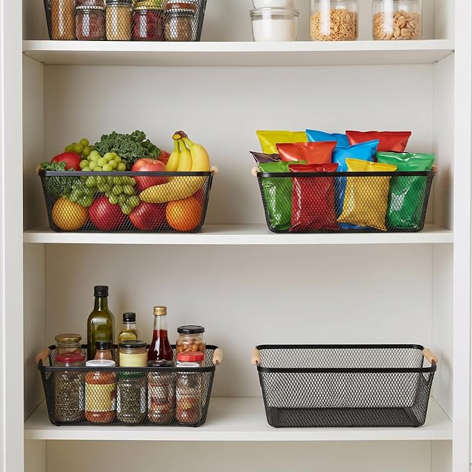 Ziliny 4 Pcs Metal Mesh Wire Baskets with Wooden Handles for Organizing, Pantry Organizers and Storage Steel Bin Kitchen Baskets for Fruit Potato Onion Snacks Bathroom Cabinet(Small,Black)