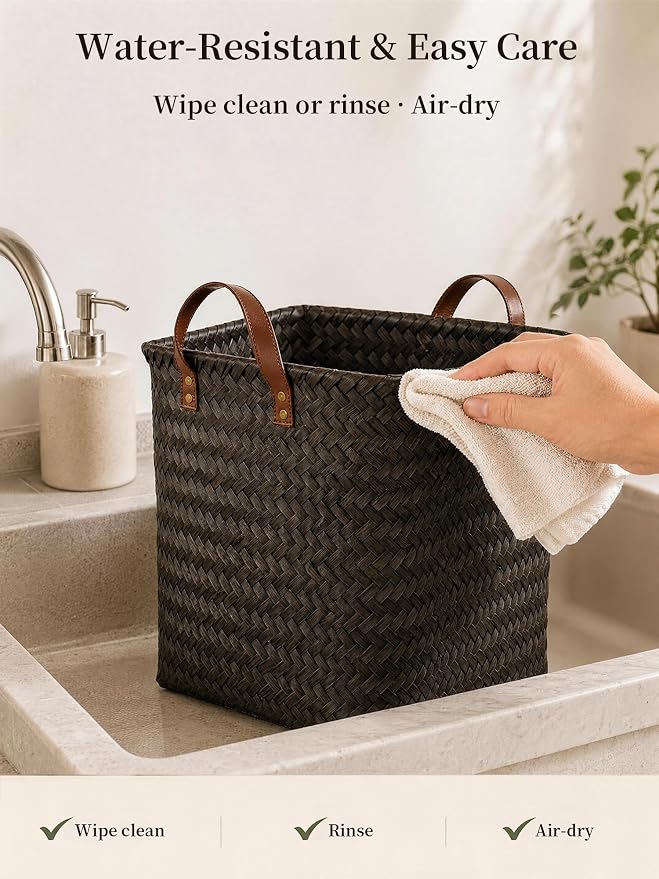 Hand Woven Baskets for Storage, 4Pcs Water-Resistant Wicker Baskets, Dark Gold Wicker Storage Baskets for Shelves, Large Basket with Handle for Organizing, Clothes, Laundry, Blanket - Square