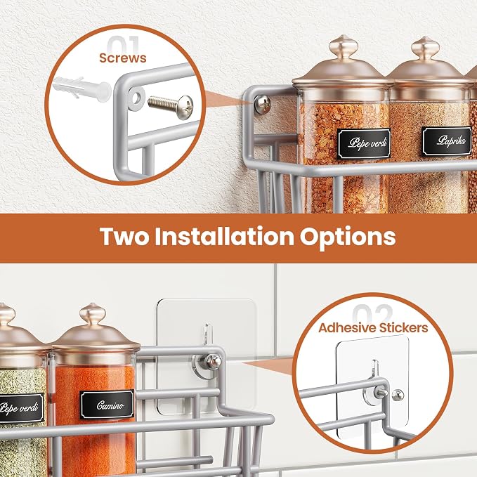 Mystozer 5 Pack Spice Rack Seasoning Organizer Wall Mount, Screw or Adhesive Hanging Shelf Basket Spice Organizer Pantry Organizers Shelf for Kitchen Spice Organization for Cabinet (Silver)