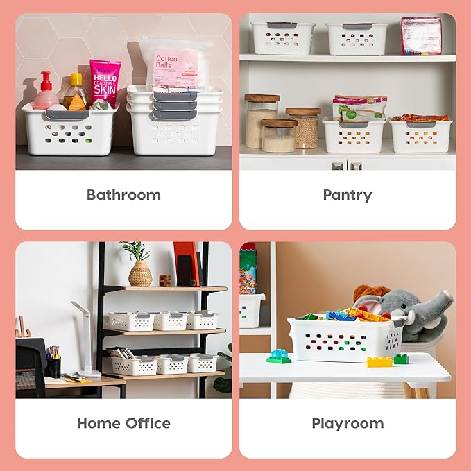 IRIS USA 12-Pack, Small Plastic Storage Basket, White | Organize pantry items, office supplies, crafts, accessories, and household essentials with easy-carry storage for shelves