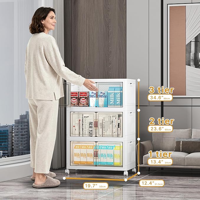 UAMFURI Stackable Storage Bins with Lids, Extra Large Plastic Organizer Cabinet Drawers, 288QT Collapsible Closet Containers with Doors and Wheels,For Bedroom, Kitchen, Office, Garage,(6Pack Cube)