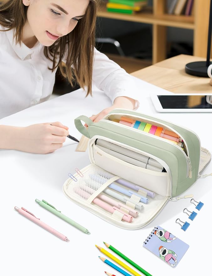 SUNEE Cute Pencil Case, Aesthetic Pen Pouch with 3 Compartments, Kawaii Colored Large Pencil Bag with Zipper, Stationery Storage and Organizer, Green School Supplies for Teen and Adult Girls
