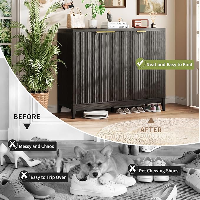 Vlsrka Shoe Storage Cabinet with Fluted Doors and Adjustable Shelves | 6 Tier Wooden Shoe Organizer, Large Capacity, Human Sensor Lighting, 180° Rotating, for Entryway, Hallway, Living Room, Black