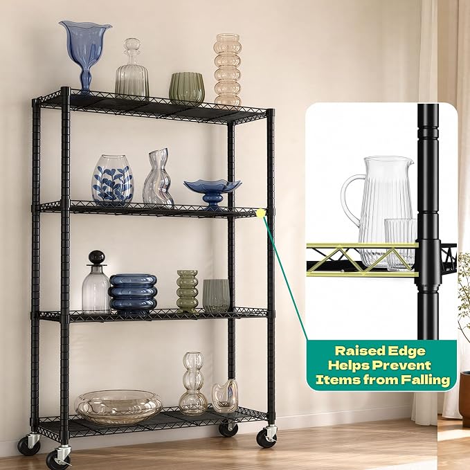 4-Tier Wire Shelving with Cover and Wheels, 36"x14"x63" Storage Rack | Heavy duty Wire Shelves with 600D Oxford fabric cover, Rolling Metal Storage Shelf for dorm, pantry, kitchen or closet
