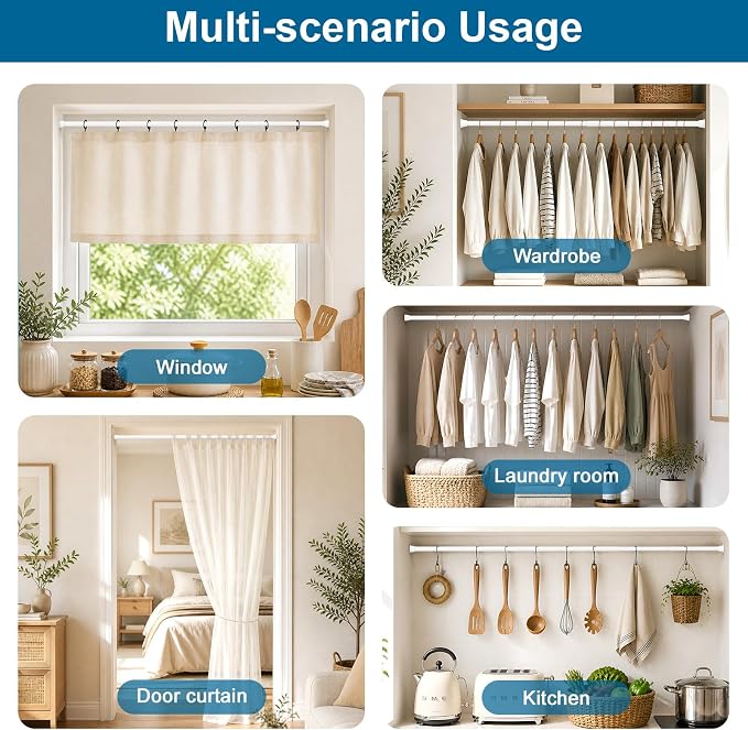 Tension Curtain Rod, 31-76in White No Drill Shower Curtain Rods | High Carbon Steel, 7/8inch Spring Rod Diameter, Adjustable Length for Bedroom, Doorway, Closet, Kitchen,Bathroom